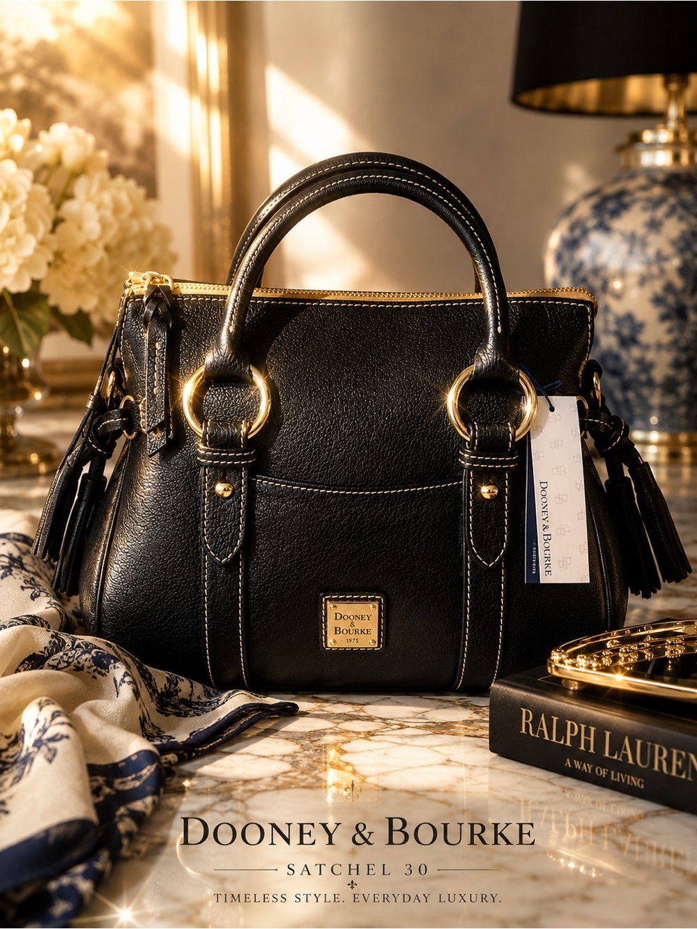 Dooney & Bourke Lucca Black Leather Satchel 30, Dust Bag,  Crossbody Strap NWT